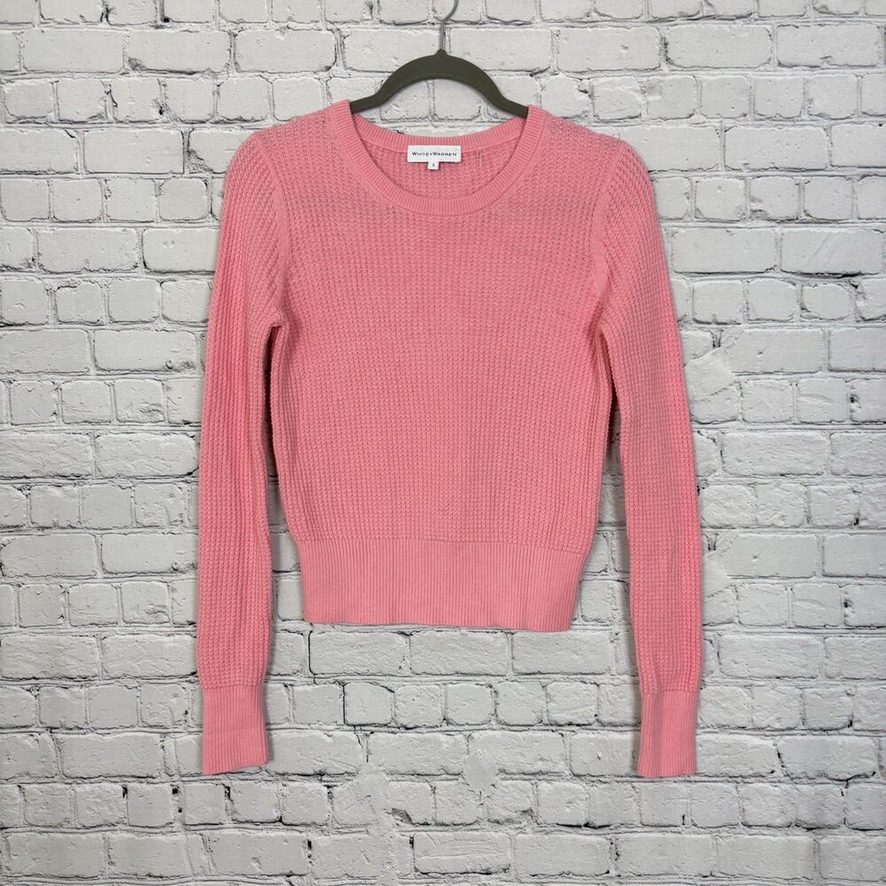 White + Warren Cotton Shrunken Thermal Crewneck Sweater Pink Size S Quiet Luxury